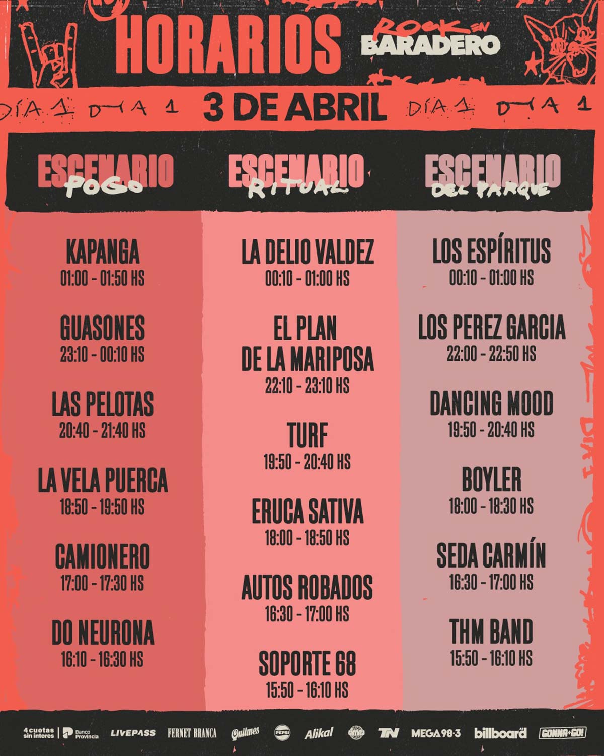 Cronograma Horarios Rock en Baradero - DIA 1
